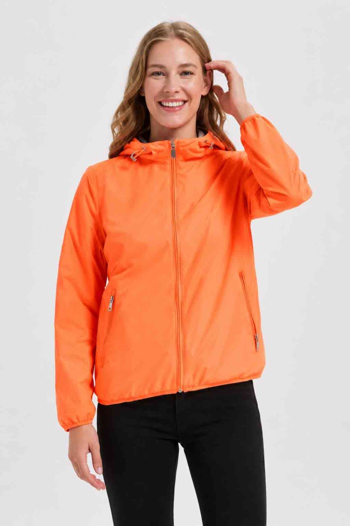 CHAQUETA CORTA REVERSIBLE LIGERA CON CAPUCHA BLANCO AMARILLO OBRF2100