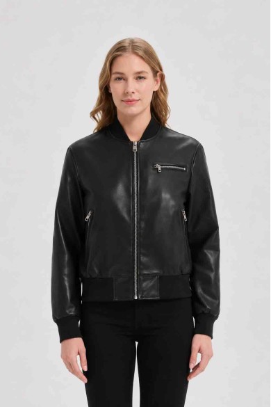 CHAQUETA CORTA BOMBER PARA MUJER CON CREMALLERA Y BOLSILLOS NEGRO OBRF2096