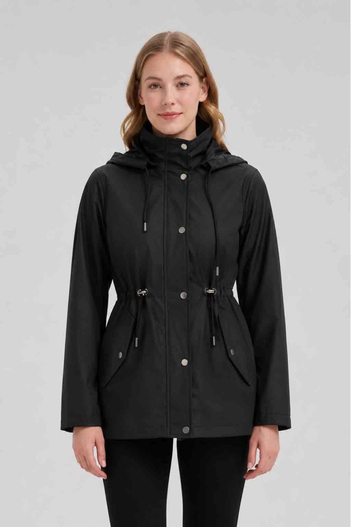 CHAQUETA LARGA CON CAPUCHA Y CINTURA AJUSTABLE PARA MUJER NEGRO OBRF2098