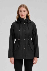 CHAQUETA LARGA CON CAPUCHA Y CINTURA AJUSTABLE PARA MUJER NEGRO OBRF2098