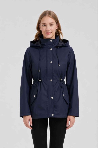 CHAQUETA LARGA CON CAPUCHA Y CINTURA AJUSTABLE PARA MUJER AZUL OBRF2098