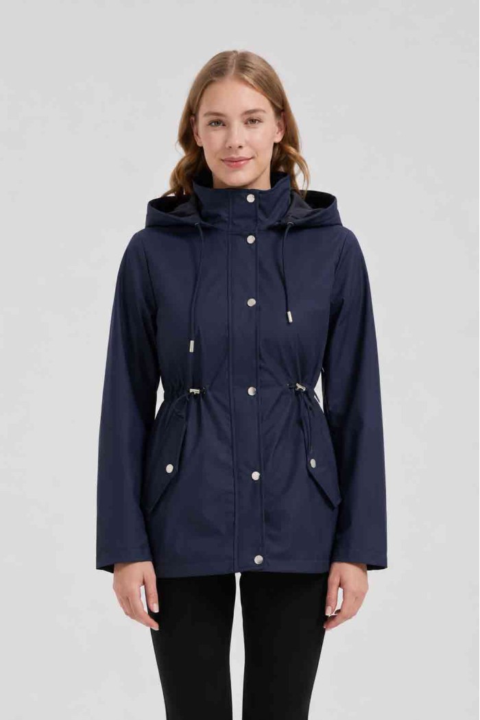 CHAQUETA LARGA CON CAPUCHA Y CINTURA AJUSTABLE PARA MUJER AZUL OBRF2098