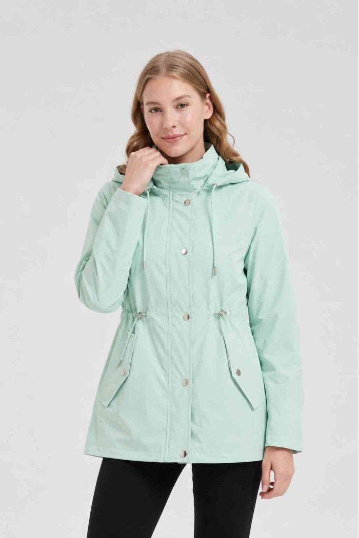 CHAQUETA LARGA CON CAPUCHA Y CINTURA AJUSTABLE PARA MUJER VERDE AGUA OBRF2098