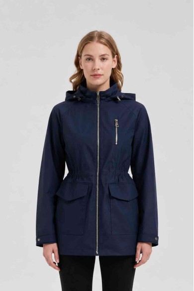 CHAQUETA LARGA CON CAPUCHA Y CINTURA AJUSTABLE PARA MUJER AZUL OBRF2099