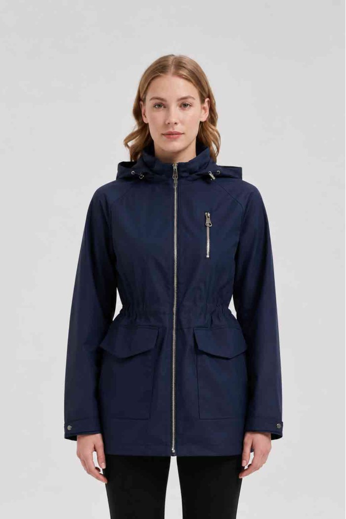 CHAQUETA LARGA CON CAPUCHA Y CINTURA AJUSTABLE PARA MUJER AZUL OBRF2099