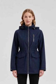 CHAQUETA LARGA CON CAPUCHA Y CINTURA AJUSTABLE PARA MUJER AZUL OBRF2099