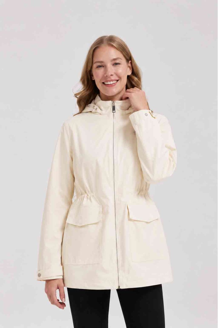 CHAQUETA LARGA CON CAPUCHA Y CINTURA AJUSTABLE PARA MUJER BEIGE CLARO OBRF2099