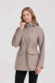 CHAQUETA LARGA CON CAPUCHA Y CINTURA AJUSTABLE PARA MUJER BEIGE OSCURO OBRF2099