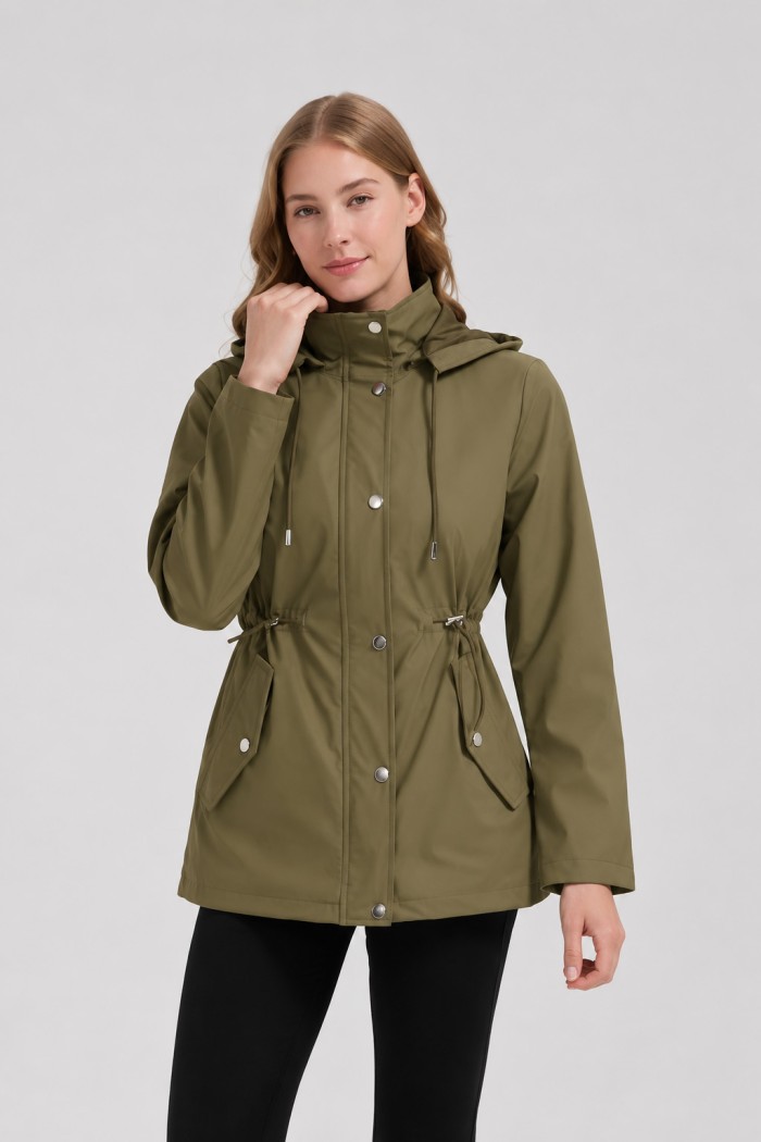 CHAQUETA LARGA CON CAPUCHA Y CINTURA AJUSTABLE PARA MUJER VERDE KAKI OBRF2098