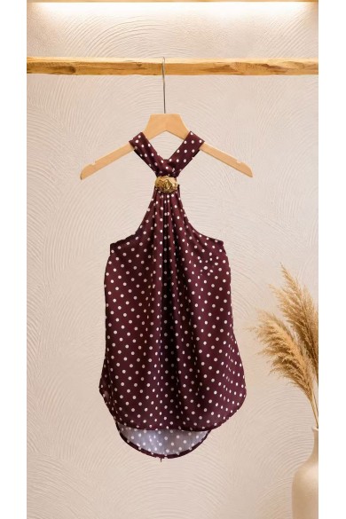 TOP HALTER DE LUNARES PARA MUJER CON BROCHE DORADO FBZMA1728