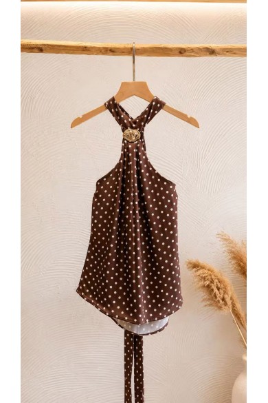 TOP HALTER DE LUNARES PARA MUJER CON BROCHE DORADO FBZMA1730