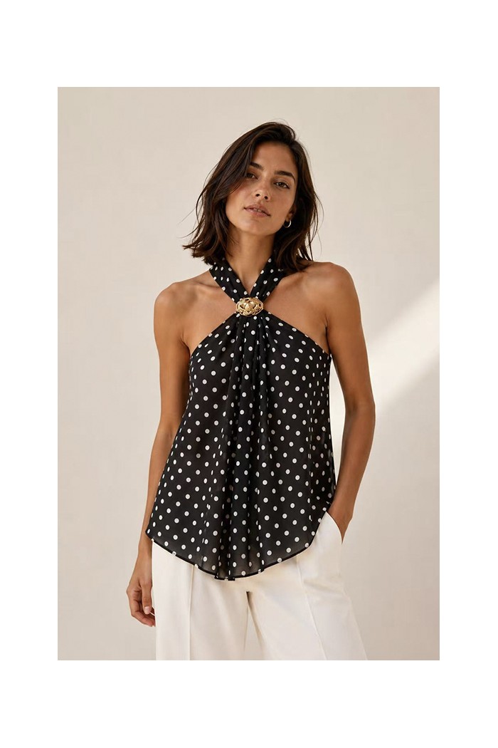 TOP HALTER DE LUNARES PARA MUJER CON BROCHE DORADO FBZMA1731