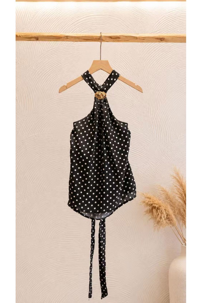 TOP HALTER DE LUNARES PARA MUJER CON BROCHE DORADO FBZMA1731