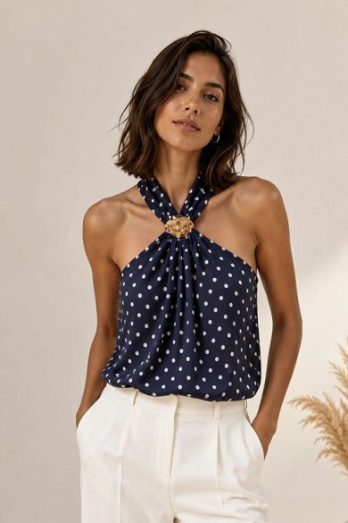 TOP HALTER DE LUNARES PARA MUJER CON BROCHE DORADO FBZMA1729