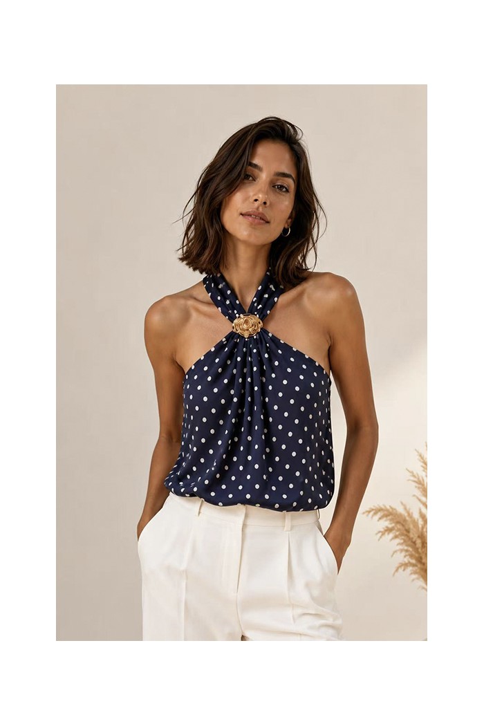 TOP HALTER DE LUNARES PARA MUJER CON BROCHE DORADO FBZMA1729
