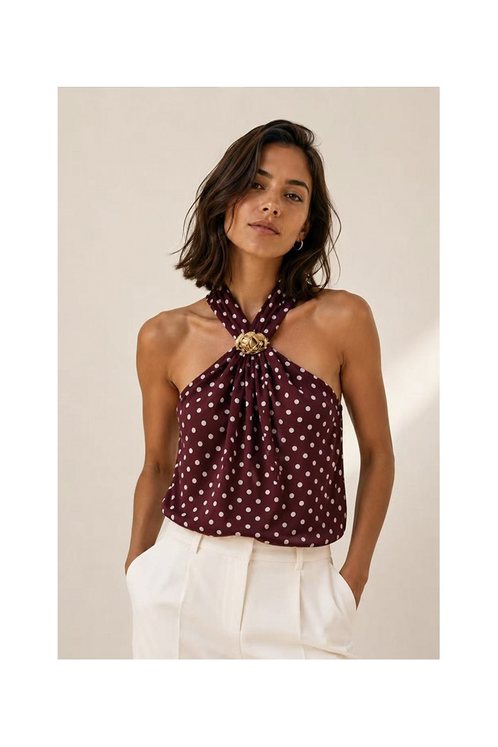 TOP HALTER DE LUNARES PARA MUJER CON BROCHE DORADO FBZMA1728