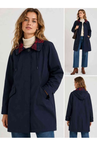 GABARDINA LARGA IMPERMEABLE CON CAPUCHA Y CUELLO DE CUADROS PARA MUJER AZUL MARINO TY-M9525