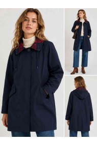 GABARDINA LARGA IMPERMEABLE CON CAPUCHA Y CUELLO DE CUADROS PARA MUJER AZUL MARINO TY-M9525