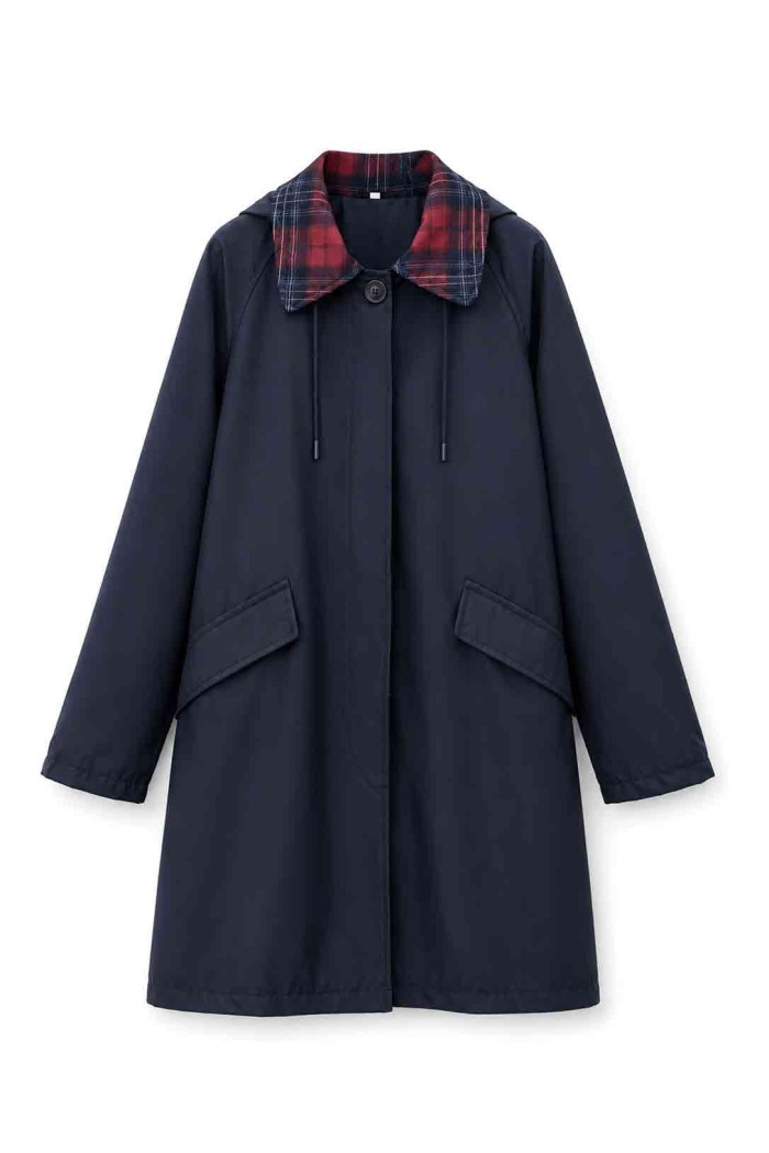 GABARDINA LARGA IMPERMEABLE CON CAPUCHA Y CUELLO DE CUADROS PARA MUJER AZUL MARINO TY-M9525