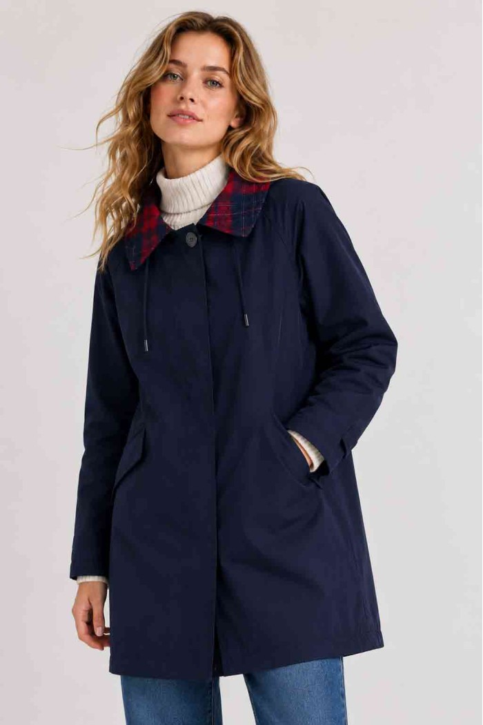 GABARDINA LARGA IMPERMEABLE CON CAPUCHA Y CUELLO DE CUADROS PARA MUJER AZUL MARINO TY-M9525