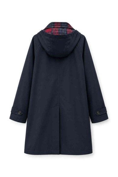GABARDINA LARGA IMPERMEABLE CON CAPUCHA Y CUELLO DE CUADROS PARA MUJER AZUL MARINO TY-M9525