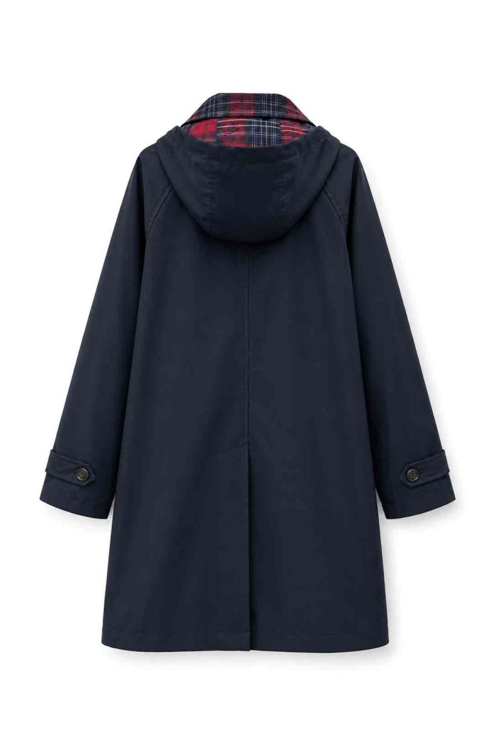 GABARDINA LARGA IMPERMEABLE CON CAPUCHA Y CUELLO DE CUADROS PARA MUJER AZUL MARINO TY-M9525