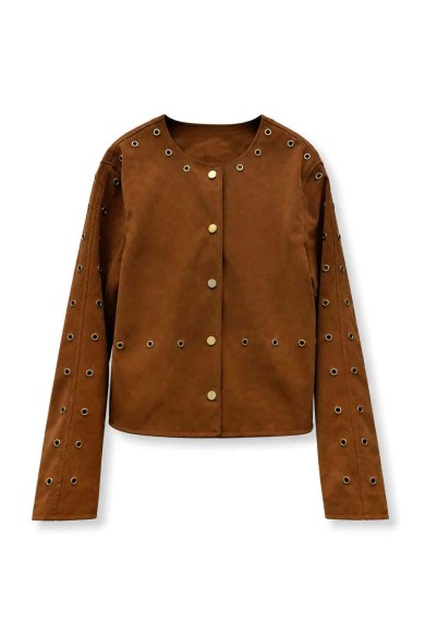 CHAQUETA CORTA DE POLIPIEL CON REMACHES DECORATIVOS PARA MUJER TY-M9509
