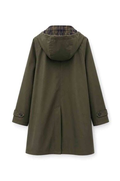 GABARDINA LARGA IMPERMEABLE CON CAPUCHA Y CUELLO DE CUADROS PARA MUJER VERDE KAKI TY-M9525