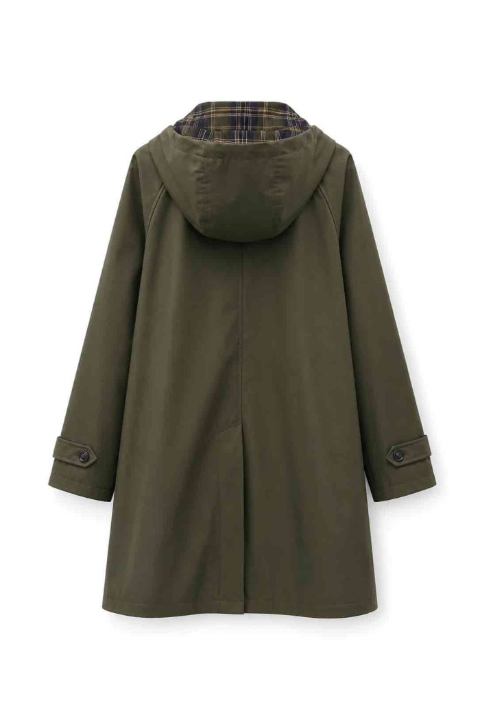 GABARDINA LARGA IMPERMEABLE CON CAPUCHA Y CUELLO DE CUADROS PARA MUJER VERDE KAKI TY-M9525