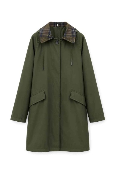 GABARDINA LARGA IMPERMEABLE CON CAPUCHA Y CUELLO DE CUADROS PARA MUJER VERDE KAKI TY-M9525