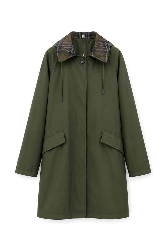 GABARDINA LARGA IMPERMEABLE CON CAPUCHA Y CUELLO DE CUADROS PARA MUJER VERDE KAKI TY-M9525
