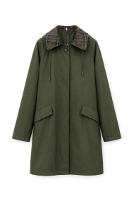 GABARDINA LARGA IMPERMEABLE CON CAPUCHA Y CUELLO DE CUADROS PARA MUJER VERDE KAKI TY-M9525