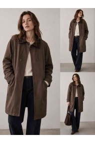 GABARDINA LARGA IMPERMEABLE CON CAPUCHA Y CUELLO DE CUADROS PARA MUJER MARRON TY-M9525