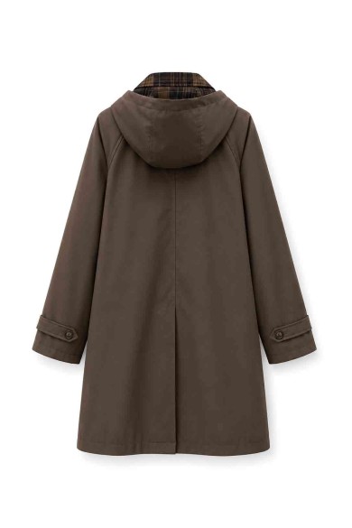 GABARDINA LARGA IMPERMEABLE CON CAPUCHA Y CUELLO DE CUADROS PARA MUJER MARRON TY-M9525