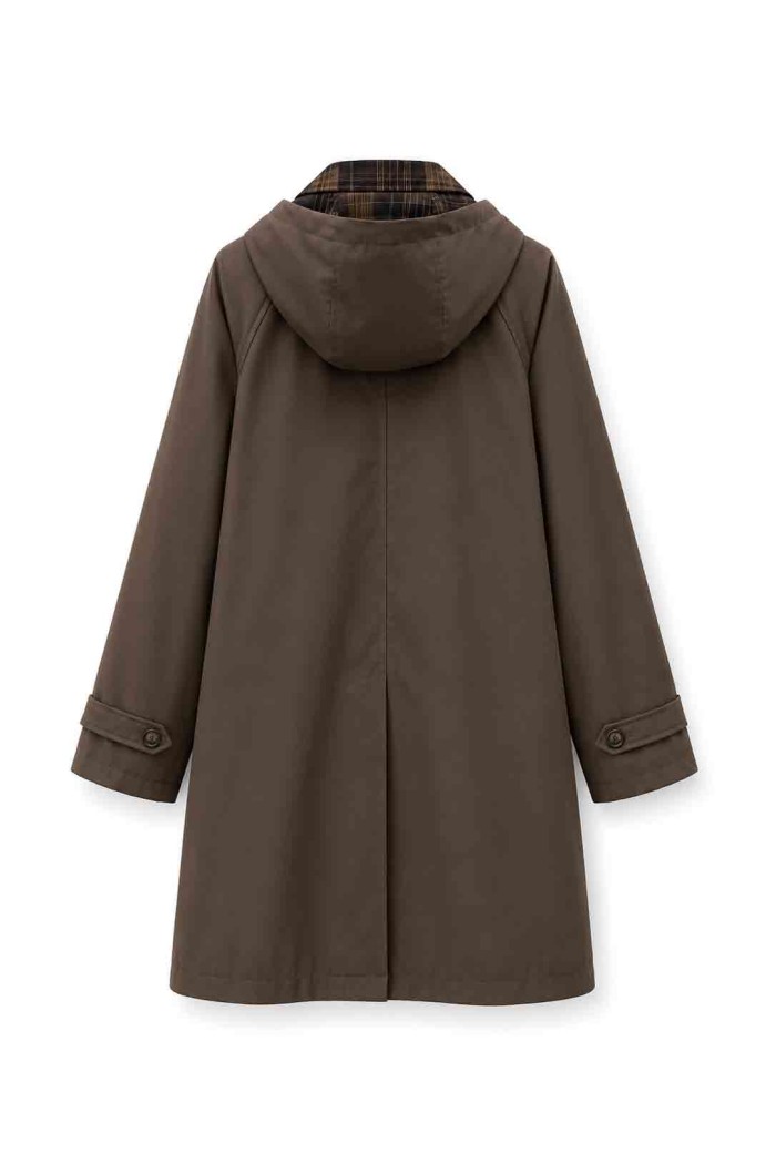 GABARDINA LARGA IMPERMEABLE CON CAPUCHA Y CUELLO DE CUADROS PARA MUJER MARRON TY-M9525