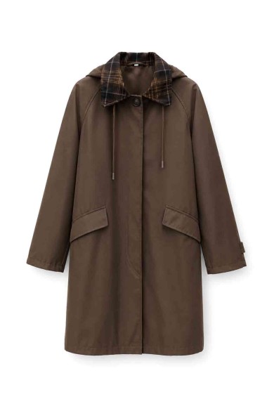 GABARDINA LARGA IMPERMEABLE CON CAPUCHA Y CUELLO DE CUADROS PARA MUJER MARRON TY-M9525