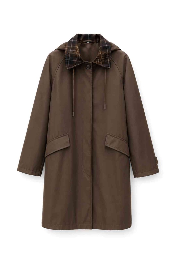 GABARDINA LARGA IMPERMEABLE CON CAPUCHA Y CUELLO DE CUADROS PARA MUJER MARRON TY-M9525