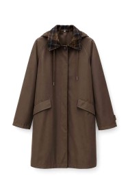 GABARDINA LARGA IMPERMEABLE CON CAPUCHA Y CUELLO DE CUADROS PARA MUJER MARRON TY-M9525