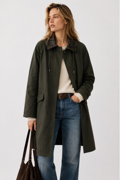 GABARDINA LARGA IMPERMEABLE CON CAPUCHA Y CUELLO DE CUADROS PARA MUJER VERDE KAKI TY-M9525