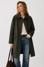 GABARDINA LARGA IMPERMEABLE CON CAPUCHA Y CUELLO DE CUADROS PARA MUJER VERDE KAKI TY-M9525