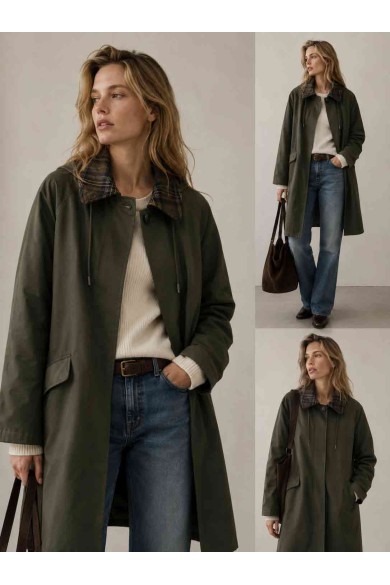 GABARDINA LARGA IMPERMEABLE CON CAPUCHA Y CUELLO DE CUADROS PARA MUJER VERDE KAKI TY-M9525