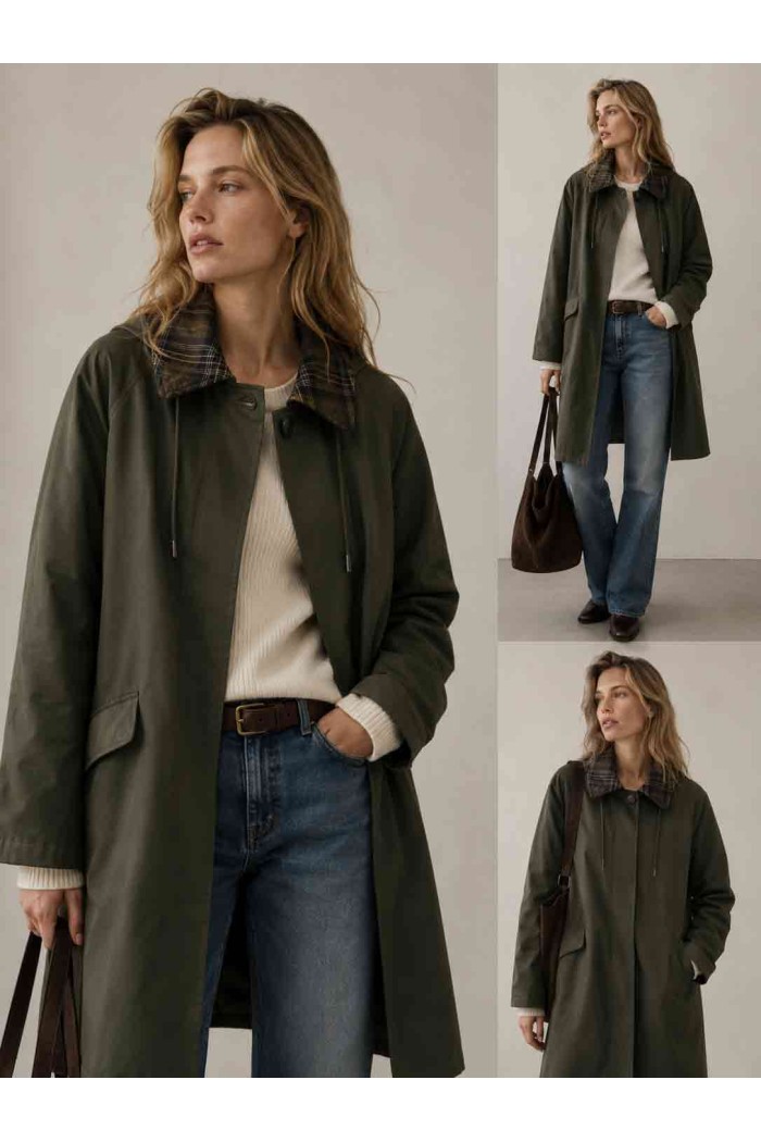 GABARDINA LARGA IMPERMEABLE CON CAPUCHA Y CUELLO DE CUADROS PARA MUJER VERDE KAKI TY-M9525