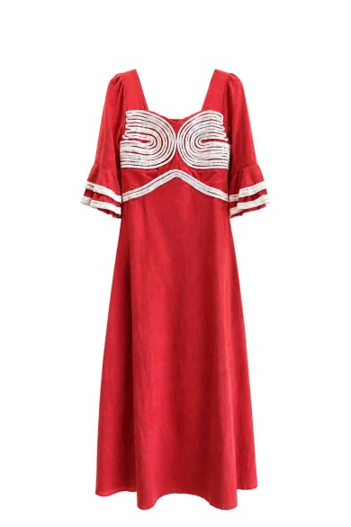 VESTIDO LARGO BOHO CON BORDADO GEOMÉTRICO Y MANGA VOLANTE FBZMA1676