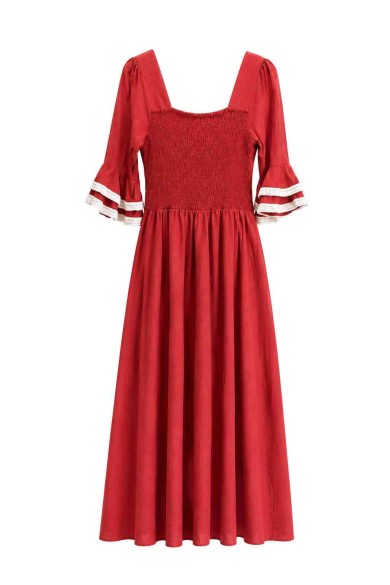 VESTIDO LARGO BOHO CON BORDADO GEOMÉTRICO Y MANGA VOLANTE FBZMA1676