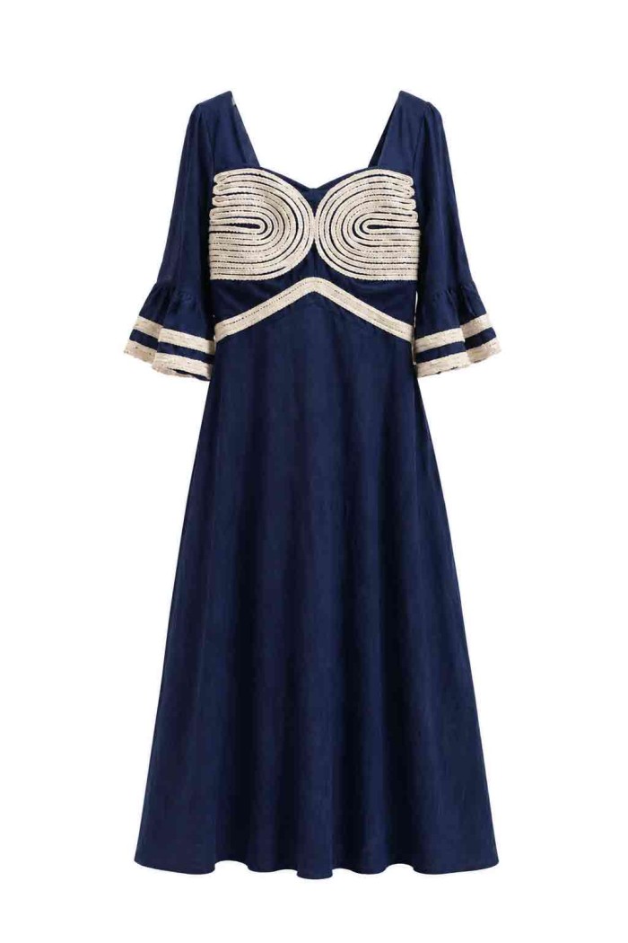 VESTIDO LARGO BOHO CON BORDADO GEOMÉTRICO Y MANGA VOLANTE FBZMA1677