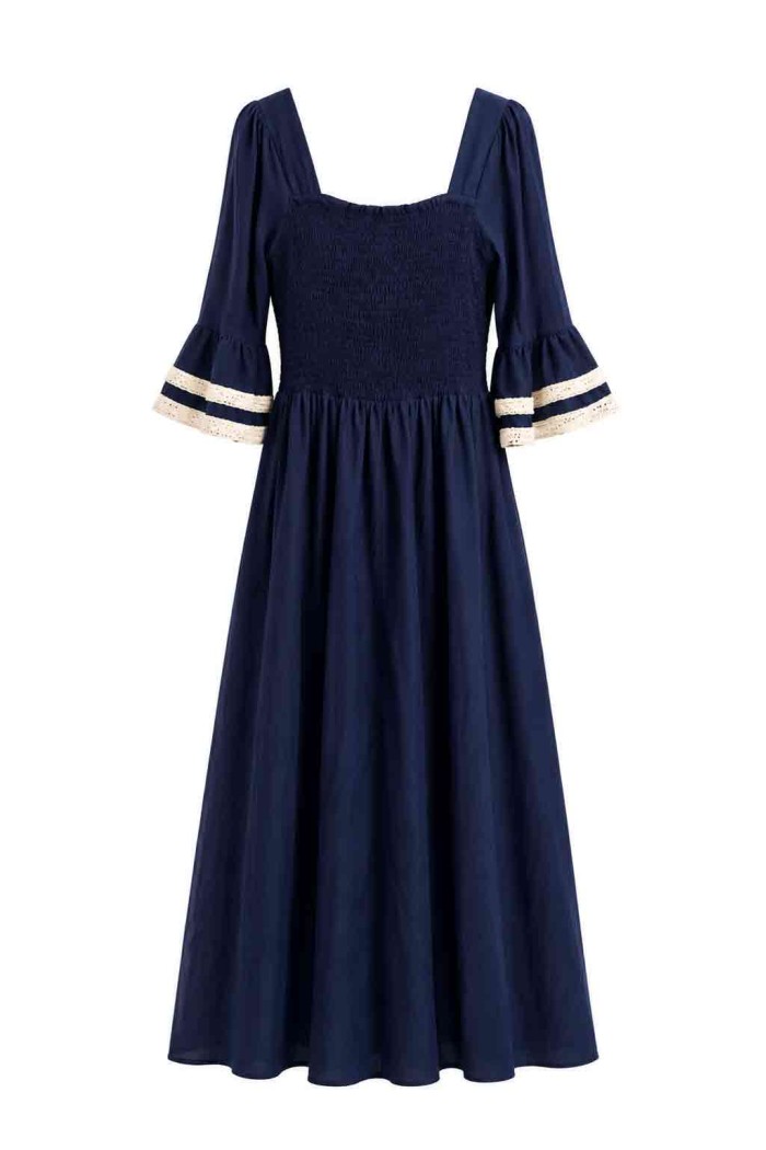 VESTIDO LARGO BOHO CON BORDADO GEOMÉTRICO Y MANGA VOLANTE FBZMA1677
