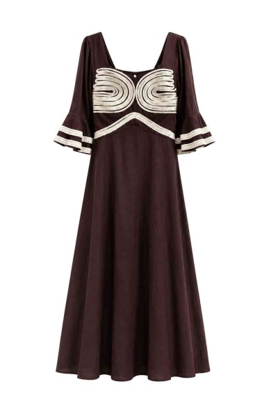 VESTIDO LARGO BOHO CON BORDADO GEOMÉTRICO Y MANGA VOLANTE FBZMA1678