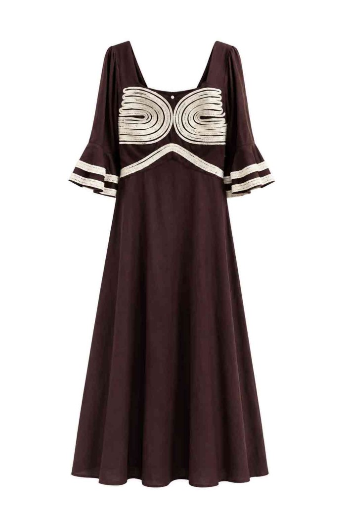 VESTIDO LARGO BOHO CON BORDADO GEOMÉTRICO Y MANGA VOLANTE FBZMA1678