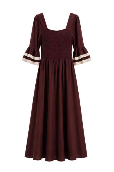 VESTIDO LARGO BOHO CON BORDADO GEOMÉTRICO Y MANGA VOLANTE FBZMA1678