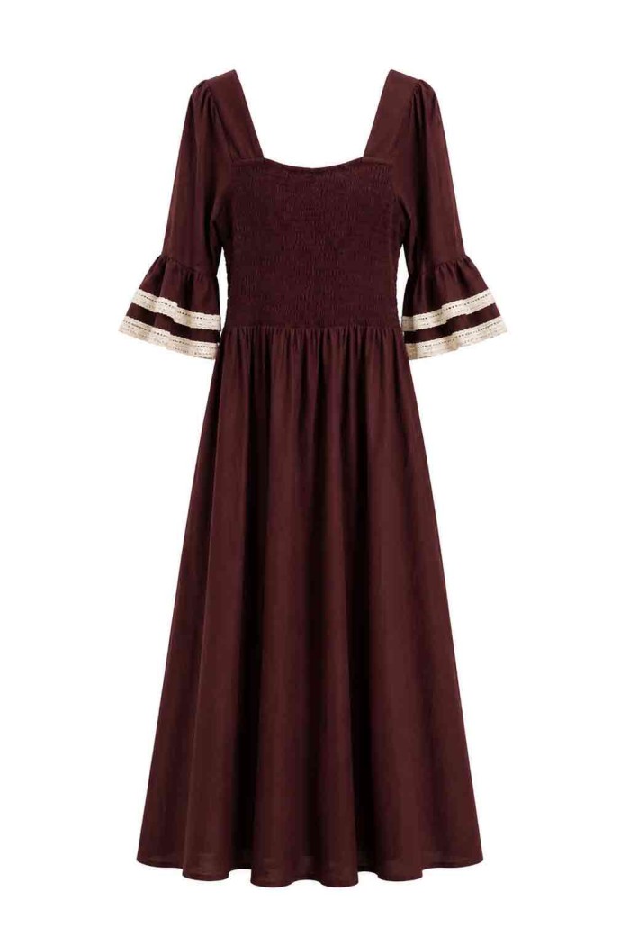 VESTIDO LARGO BOHO CON BORDADO GEOMÉTRICO Y MANGA VOLANTE FBZMA1678